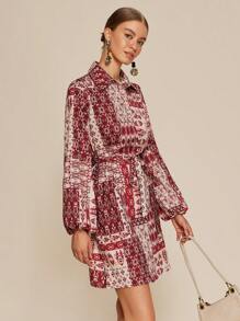 Almamuse Women Allover Print Belted Button Front Long Sleeve Dress