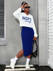 2 件套青少年女孩字母印花长袖 V 领运动衫和修身连衣裙套装 - 寶藍色 - 查看 5