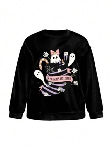 Lemon Design Sudadera de cuello redondo de manga larga con estampado de calabaza fantasma, talla grande, estilo artístico Y2k, para Halloween, días festivos, invierno, vacaciones, festivales