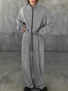 FRIFUL 2pcs Women's Striped Loose Drop Shoulder High Collar Zip Jacket And Drawstring Waist Casual Long Pants Set - Grey - View 4
