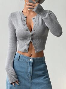 Flirla Áo len cardigan dáng ôm ngắn thời trang giản dị, mùa xuân/thu - Xám - Xem 4