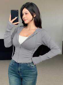 DAZY 女式纯色全拉链连帽开衫，秋季女装夹克