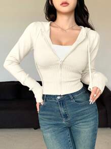 DAZY 1pc Women's Solid Color Fitted Long Sleeve Hooded Zip-Up Cardigan,Fall Women Clothes Jacket