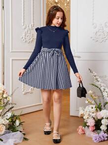 Teen Girls' Casual Flutter Sleeves Colorblock & Houndstooth Pattern Midi Dress, Autumn Winter - Navy Blue - View 5