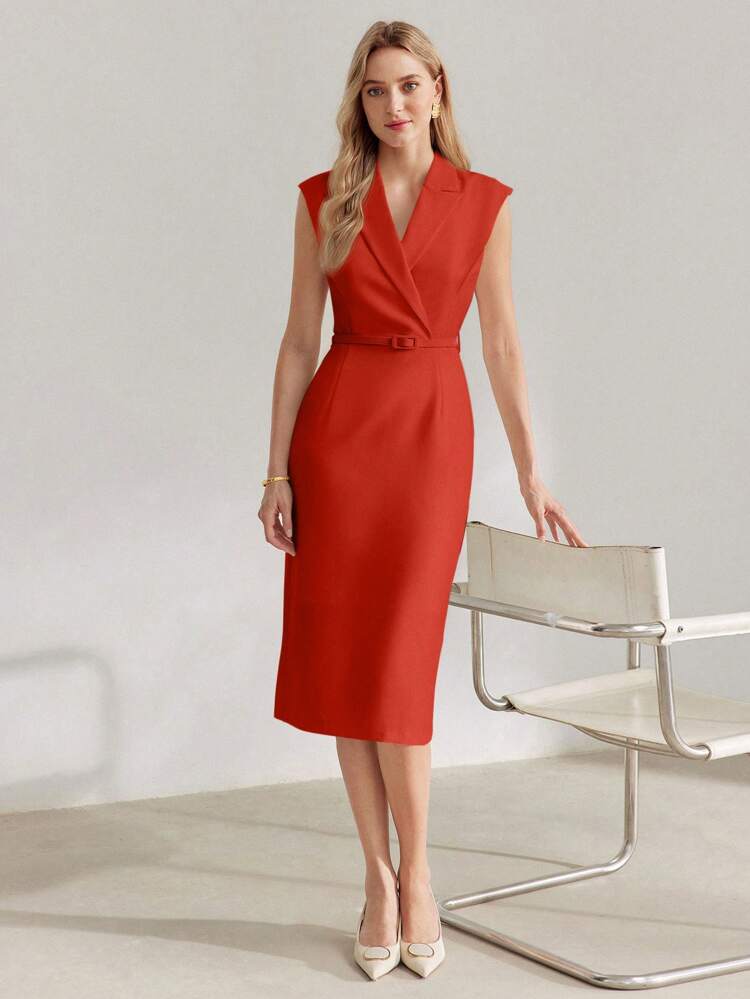 SOLID LAPEL COLLAR BUCKLE BELTED MIDI DRESS FOR NEW YEAR CLOTHES