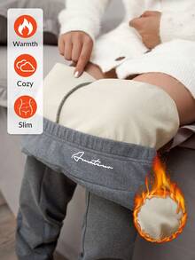 SHEIN LUNE 大码女式字母印花松紧腰加厚休闲紧身裤 - 深灰色 - 查看 2