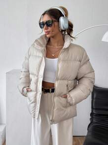 EURMUSE FLAPPED PLEATED DETAILED POCKET PUFFER SNAPPED WINTERCOAT - Cream - View 4