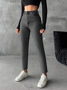 SHEIN Cottnline 拉链门襟紧身牛仔裤 - 灰色 - 查看 4