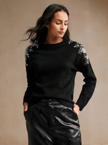 Anewsta 优雅水钻装饰圆领黑色毛衣上衣，情人节女士穿搭 - 黑色 - 查看 3