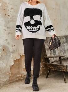 Plus Size Women Skull Pattern Crew Neck Long Sleeve Casual Sweater, Autumn Winter Knit Pullover Fall - Black and White - View 3