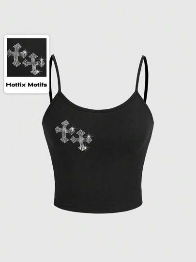 Grunge Punk Rhinestone Cross Pattern Cami Top, School