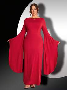 SHEIN Clasi Plus Size Elegant Extra Long Bell Sleeve Cinched Waist Solid Color Dress - Red - View 5