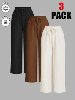 SHEIN Essnce 3 confezioni di pantaloni estivi da donna, a vita alta, a gamba larga, modello morbido e casual, in colore unito