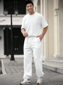 Manfinity Homme Men's Solid Color Front Tie Pocket Simple Casual Sweatpants, Daily Wear - White - View 5