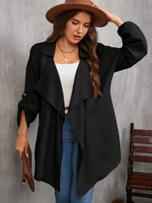 SHEIN Clasi Áo khoác dài tay cài nút viền bất đối xứng màu trơn cỡ lớn cho nữ, mùa xuân thu có túi - màu đen - Xem 1
