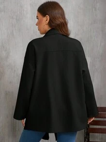 SHEIN Clasi Áo khoác dài tay cài nút viền bất đối xứng màu trơn cỡ lớn cho nữ, mùa xuân thu có túi - màu đen - Xem 2