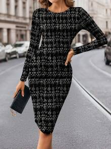SHEIN Clasi Robe midi pour femmes coupe slim à design minimaliste et simple, convient pour l'automne et l'hiver - Noir et Blanc - Voir 4