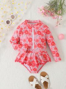 Random Print Young Girl One-Piece Swimsuit - Multicolor - View 1