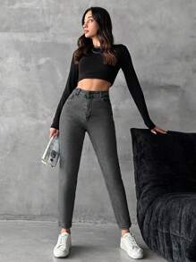 SHEIN Cottnline 拉链门襟紧身牛仔裤 - 灰色 - 查看 3