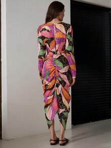 Aveloria Modichic 法式时尚随意提花水印烫金 V 领长袖腰褶皱女士长裙，秋季 - 彩色 - 查看 3