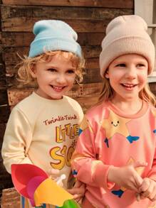 SHEIN 1 件童谣图案印花圆领运动衫，可爱/复古/休闲，适合男孩和女孩，返校，春/秋/冬 - 杏色 - 查看 4