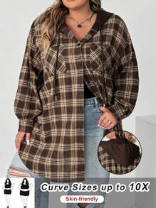 SHEIN CURVE+ 大码女式格子印花抽绳连帽外套，秋装 - 彩色 - 查看 2