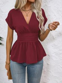 EMERY ROSE Women's Summer Solid V-Neck Batwing Short Sleeve Ruffle Hem Blouse Peplum Top - Burgundy - View 5