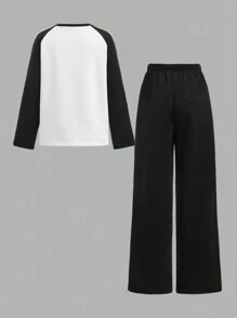 Tween Girls' Round Neck Long Sleeve Sweatshirt & Pants Set, Heart Ribbon Decor, Campus Fashion, Sporty Vintage , Outdoor Street Casual, Breathable Comfortable Commute, Running Cycling Two Pieces Set, Round Neck Sweatshirt & Pants, Thick Pants, Autumn/Winter, Heart Stripe, Lovely Day Forever, White Patchwork Black, Sportswear, Yoga, Fitness, Badminton, Tennis, Baseball, Football, Outdoor