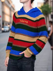 Manfinity Roghcode Áo len có mũ trùm đầu in chữ thiết kế sọc nam - Nhiều màu - Xem 5