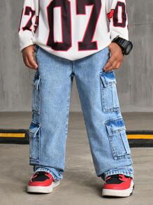 SHEIN Explorewe Pantalones cargo de mezclilla desgastada para niño, pierna recta con ajuste ancho, informal - Azul lavado medio - Ver 5