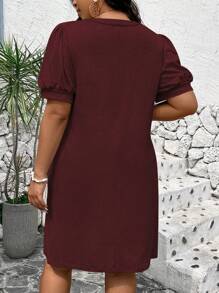 SHEIN LUNE Plus Size V-Neck Solid Color Casual Short Sleeve Dress For New Year Clothes - Red - View 2