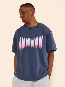 SUMWON Regular Fit Short Sleeve Washed Tee With Graffiti Graphic Print - Royal Blue - View 1