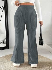 SHEIN EZwear 大码女式纯色松紧腰罗纹喇叭裤 - 深灰色 - 查看 4