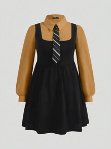 SHEIN MOD Vestido casual plus size patchwork cor sólida manga comprida plissado - Damasco - Ver 1