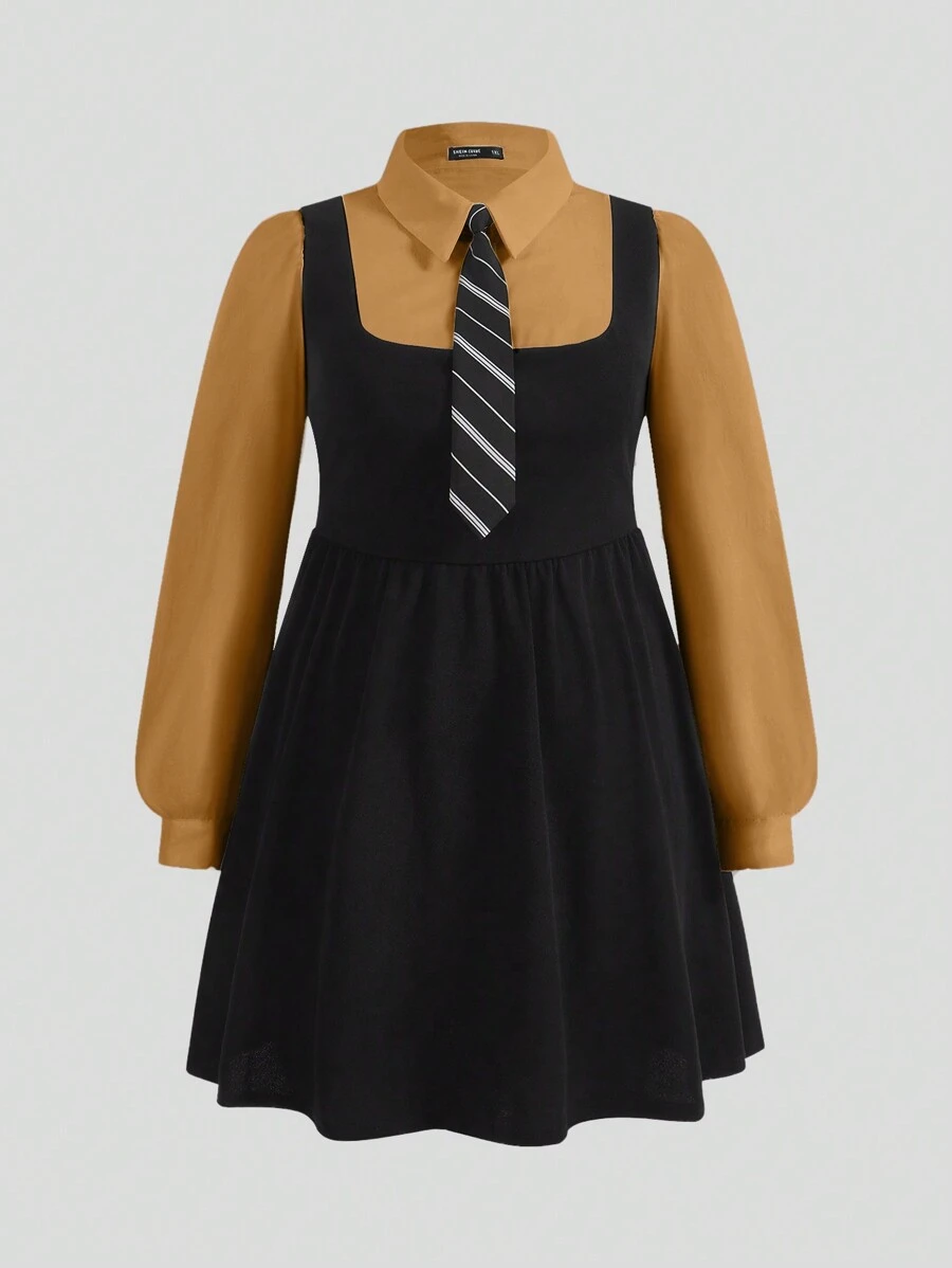 SHEIN MOD Vestido casual plus size patchwork cor sólida manga comprida plissado - Damasco - Ver 1