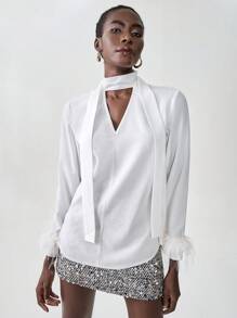SHEIN Unity 女士 V 领系带羽毛边长袖衬衫 - 白色 - 查看 6