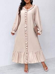 SHEIN LUNE 大码女式春秋纯色荷叶边 V 领长袖连衣裙超长女装