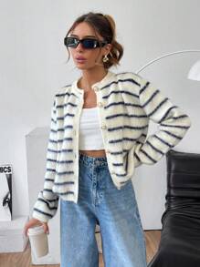 EURMUSE Áo len cardigan nữ họa tiết sọc có nút cài phía trước - Nhiều màu - Xem 2