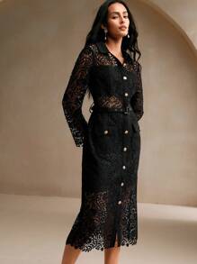 Anewsta Women's Spring/Autumn Long Sleeve Elegant French Lace Waist Slim Dress