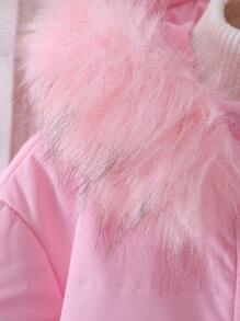 Tween 女童休闲防风中长款夹棉外套，带毛领，粉色 - 粉色 - 查看 5
