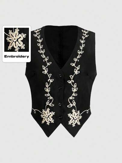 Hippie Veste Sans Manches Brodé Fleur À Bouton