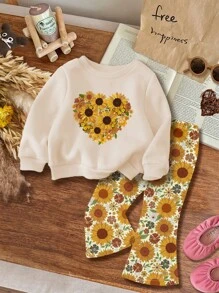 SHEIN 花卉雏菊图案女婴针织休闲宽松圆领长袖套装，适合秋冬季 - 彩色 - 查看 1