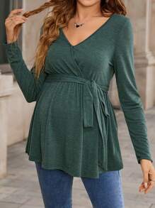 SHEIN Top para maternidad de manga larga de punto de unicolor - verde - Verde - Ver 2