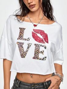 ROMWE J-Fashion Áo thun cỡ lớn Y2K cổ bất đối xứng "I LOVE LEOPARD" dành cho nữ - trắng - Xem 1