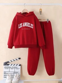 SHEIN Leap Crew 2pcs Tween Girl Loose Casual Simple Cozy Hoodie And Drawstring Pants Set - Burgundy - View 1