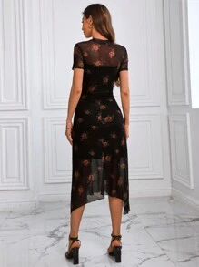 女式哥特式复古黑黄玫瑰印花网眼拼接双层高领收腰不对称下摆连衣裙 - 黑色 - 查看 2