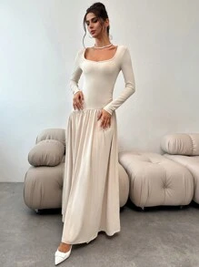 SHEIN Privé Elegant Minimalist Solid Color Stand Collar Asymmetrical A-Line Cinched Waist Long Sleeve Dress, Autumn Winter