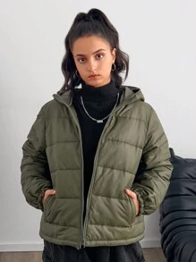 SHEIN Teen Girl Open Front Solid Casual Hoodie With Pockets, Warm Thick Outerwear - Army Green - View 4