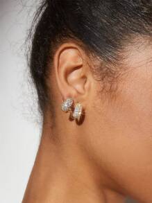 SHEIN BAE 1pair Fashion Luxury Rhinestone Double Row Statement Earrings - Gold - View 4