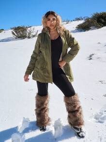 SHEIN SXY Women's Solid Color Minimalist Casual Hooded Long Sleeve Regular Jacket - Army Green - View 4